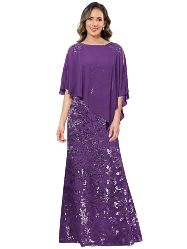 2 Pieces Mother of The Bride Dresses for Women Scoop Neck Half Sleeve Sequin Chiffon Evening Formal Dress