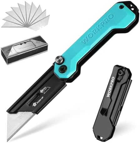 WORKPRO Klappmesser Universalmesser, Cuttermesser, Taschenmesser mit Schnellwechselmechanismus, G10-Griff, mit 10 zusätzlichen SK5-Klingen, Ideal zum Schneiden von Leder, PVC, Papi