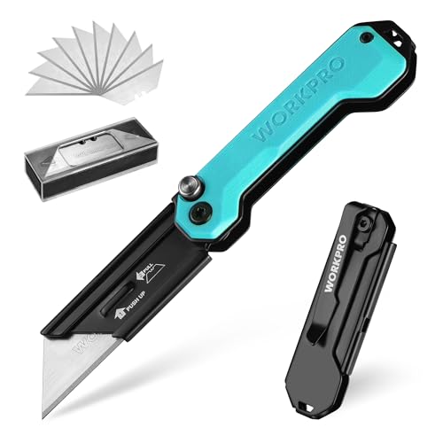 WORKPRO Klappmesser Universalmesser, Cuttermesser, Taschenmesser mit Schnellwechselmechanismus, G10-Griff, mit 10 zusätzlichen SK5-Klingen, Ideal zum Schneiden von Leder, PVC, Papier, Blau