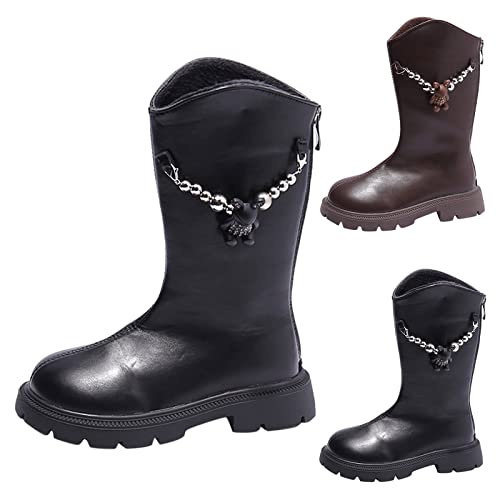 Fashion Autumn and Winter Children Mid Calf Boots Thick Bottom Non Slip Round Toe Solid Color Girls Wide Snow Boots (Black, 10.5-11 Years Big Kids)3