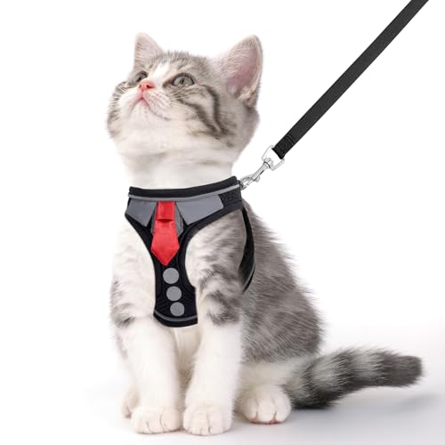 Cat Harness and Leash Set for Walking Escape Proof, Soft Adjustable Kitten Harness Breathable Mesh with Reflective Strips Harness for Kitty Puppy Bunny(Black,XS)