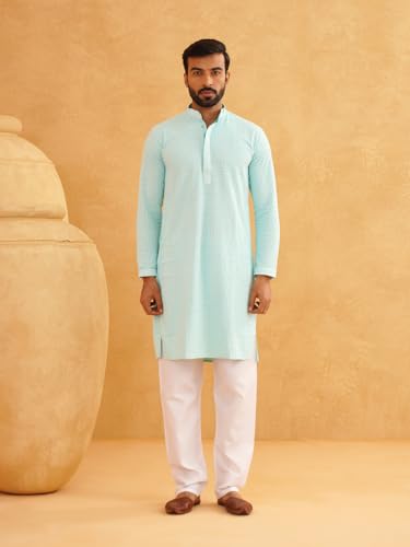 Image of Sojanya (Since 1958 Men'S Geometric Embroidered Thread Work Cotton Straight Long Kurta