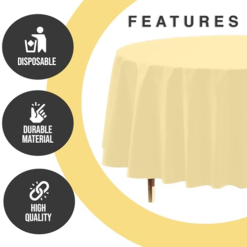 Image of Exquisite 66% Thicker Premium Light Yellow Round Tablecloth 0.5 Mil 24 Pack Plastic Table Cloth Disposable 84 Inch Round Plastic Tablecloth Won't Tear Easily Like Cheap Thin Brands