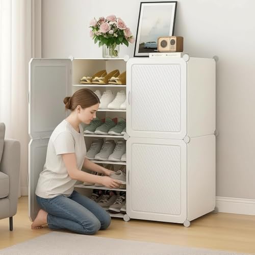 Image of Modular Shoe Rack Organizer with Drawer Storage, Multi-Layer Foldable Shoe Cabinet with Dustproof Doors for Home Entryway Bedroom (White, 4-Door)