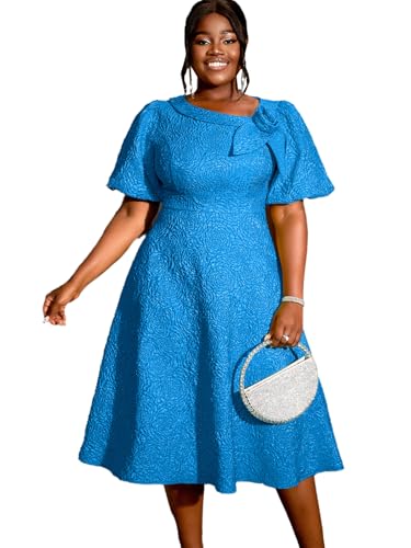 Image of AOMEI Women's Irregular Neck with Flower Short Puff Sleeve High Waist A-Line Jacquard Dress