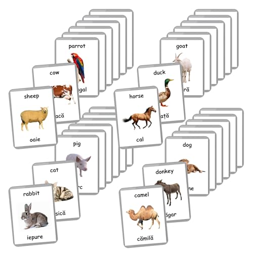 Romanian English Bilingual Flash Cards | Laminated Flash Cards | Montessori Cards | Choose Your Set (Farm Animals)
