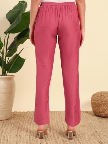 Image of Vogaan Women's Cotton Silk Pant | Half-Elasticated Waist Slim Fit Trouser for Women | Casual Pocket Pants for Office Formal Daily Use