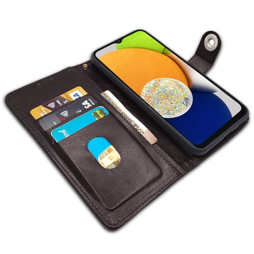 Image of Pikkme Samsung Galaxy A03 Flip Cover Leather Finish | Inside TPU with Card Pockets | Wallet Stand and Shock Proof | Complete Protection Button Flip Case (Coffee)