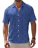 BOJIN Men's Hawaiian Wrinkle Free Short Sleeve Button Down Tropical Floral Beach Vacation Shirt Palm Tree Dark Blue L