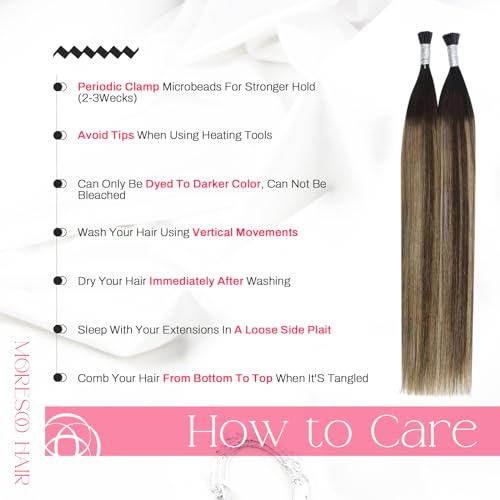 Image of Moresoo Itip Human Hair Extensions, Black Caramel BLonde Balayage, 14 Inch | 40g 50 strands, stick tip extensions, cold fusion installation, silver grey blend, fine hair, everyday office styling