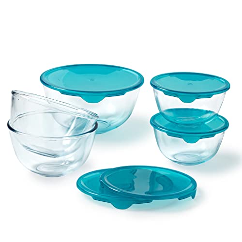PYREX - Lot de 5 Bols/Saladiers avec Couvercles - 2x0,5L + 2x1L + 1x2L - Verre Borosilicate - Extrême Résistance - Compatible Lave-Vaisselle - Made in France