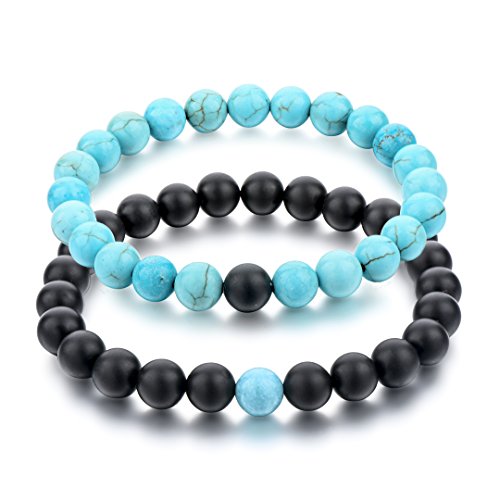 Long Way His and Hers Bracelets Black Matte Agate & Blue Turquoise 8mm Stone Beads Bracelet(2 pcs)