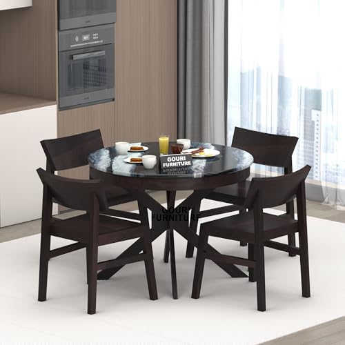 Image of Wooden Dining Table Set 4 Seater with Top Glossy Finish | Round Four Seater Dinner Table with 4 Chairs Solid Wood Dining Room Sets for Hotel Restaurant (DIY) Self Customer Assembly (Walnut, Sheesham)