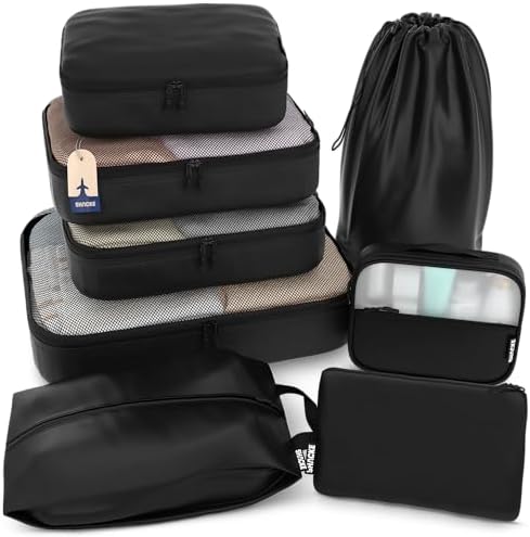Shacke Premium 8 Packing Cubes Set - Lightweight Mesh Travel Luggage Organizers with Laundry Bag, 8-Piece Suitcase Storage System (Black) 24