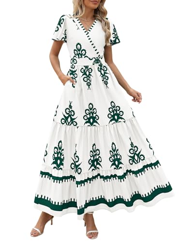 Image of PRETTYGARDEN Womens 2026 Summer Casual V Neck Boho Maxi Dress Flowy Aline Bell Sleeve Tiered Floral Dresses with Pocket
