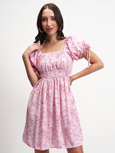 Image of Tokyo Talkies Womens Dresses for Women | Floral Print | Mini Dress | Puff Short Sleeves | Fit & Flare | Elegant & Trendy | Dress for Women | Women Dress | Stylish Women Dress