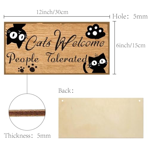 CREATCABIN Cat Welcome Sign Wooden Plaque Sign Black Cat Wall Decor Kitty Footprint Wooden Hanging Wall Sign Rustic Door Sign for Pet Shop Home Cat Lover Gifts 12x6Inch-Cats Welcome People Tolerated - Image 2