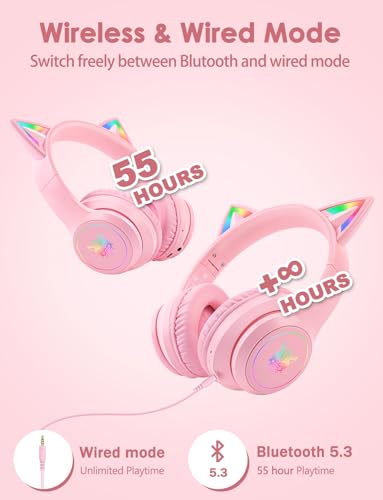 Image of Cat Ear Bluetooth Headphones with Micphone for Kids & Adults, LED Light Up Wireless HI-FI Sound Quality, Over-Ear Headphones with Volume Control for iPhone /iPad /Laptop /PC(55H Play Time)