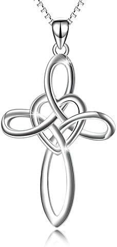 YFN Celtic Knot Cross Necklace 18k White Gold Tone Sterling Silver Infinity Love Heart Pendant Necklace 20" for Women Girls