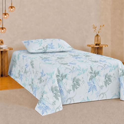 Image of Jaipur Weaves Single Bed Cotton Bedsheet with 1 Pillow Cover, 100% Pure Cotton Single Bedsheet 60x90 Inches, 240 TC Soft Breathable Floral Bed Sheet (Aqua Floral, Single)