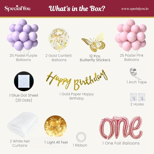 Image of SpecialYou.in Butterfly Theme 1St Birthday Decoration Items For Girls With Pastel Pink & Purple Balloons For Birthday Decor & One Foil Balloon, Birthday Balloons For Decoration - 74 Pcs