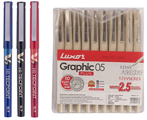 Image of Pilot V7 Liquid Ink Roller Ball Pen & Luxor Graphic Micro Pen Assorted Bopp Pouch (pack of 10 pen)