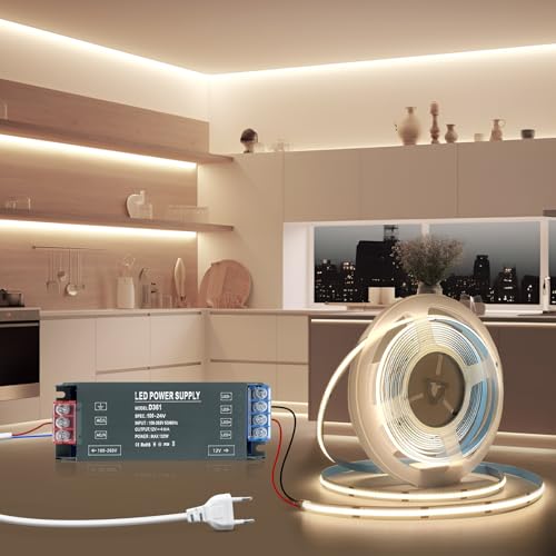 BRIMETI Ruban LED 5M 24V COB Autocollant Bande LED Cuisine Blanc Naturel 4000K Flexible Découpable 320LED/M Largeur 8mm, Avec Transformateur 220V 24V 100W et Alimentation avec Fiche,pour Maison