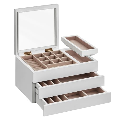 SONGMICS Wooden Jewellery Box with Clear Lid, 3-Layer Jewellery Organiser, 2 Drawers, Small Removable Tray, Solid Wood Veneer, Soft Velvet Lining, Floating Effect, Gift Idea, Snow White JOW016W01