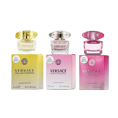 Image of Versace 3-piece Miniatures Fragrance Collection - Bright Crystal Absolu, Bright Crystal, Yellow Diamond - Gift set for Women 0.17 fl oz each | Includes Bright Crystal Absolu, Bright Crystal & Yellow Diamond Mini Perfumes, Designer Sampler, Travel Size.