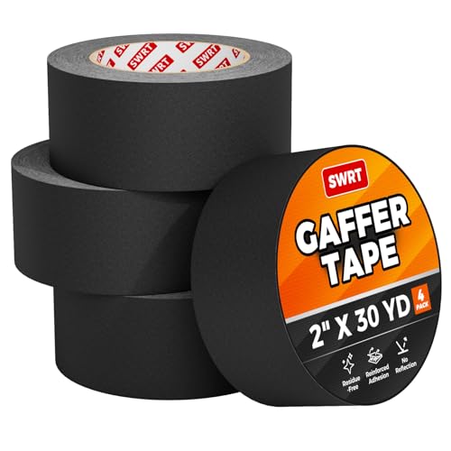 SWRT Gaffers Tape, 11 Mil Industrial Grade Gaffer Tape, 2’’ x 30 Yards, 4 Pack, Reinforced Adhesion, Easily Remove No Residue, Professional Matte Finish No Reflection, Black, 120 Yards in Total