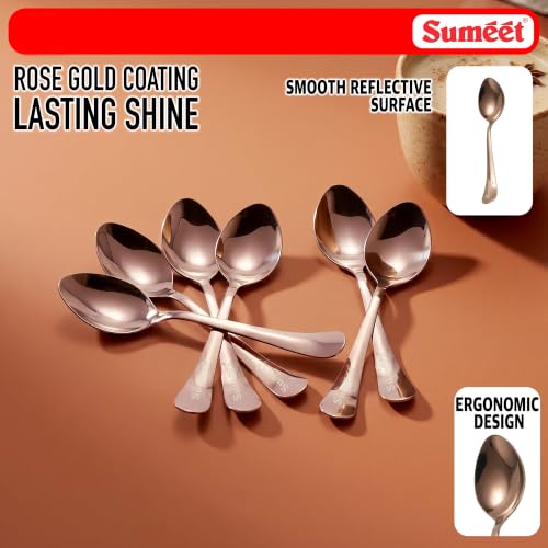 Image of Sumeet Stainless Steel Rose Gold Dessert /Table Premium Spoon Set of 6 Pc - (18cm L) (1.6mm Thick)