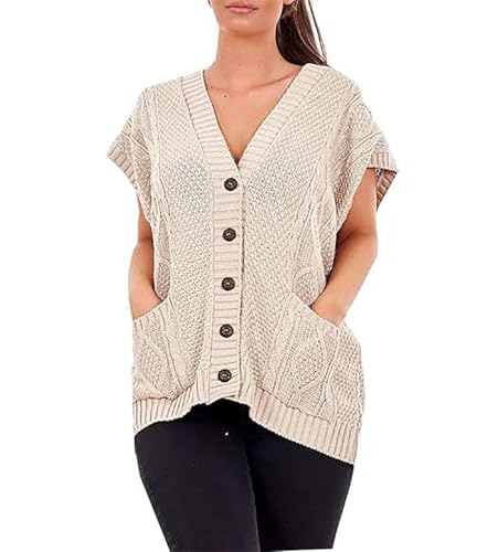 Women’s Moss V-Neck 5 Buttons Cable Knitted Waistcoat Ladies Pockets Buttons Cable Grandad Cardigan Sleeveless Knitted Casual Wear Waistcoat Winter Wear Sweater UK Size 8-26 Beige