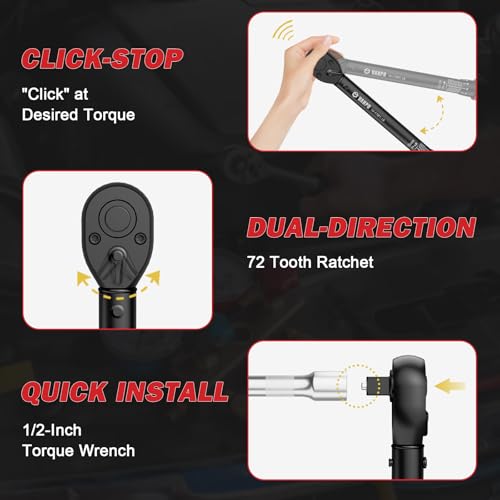 Image of VANPO 1 /2 Inch Drive Torque Wrench for Lug Nuts & Automotive, 10-170 Ft-Lb | Click Type, ±3% Accuracy,72-Tooth Dual-direction Ratchet, Dual Scale, for Tire, Car & Motorcycle Repair