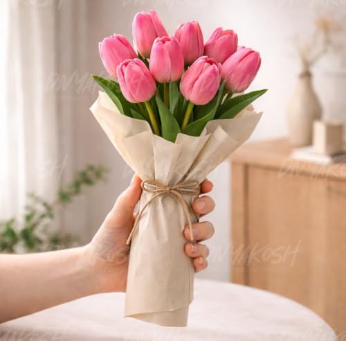 Image of Divyakosh Artificial Pink Tulip Flower with 5 Tulips (Vase not Included) - Realistic Decorative Flowers for Home Decor,Living Room, Bedroom, Office, Wedding Decoration, Table Centerpiece & Gifting |