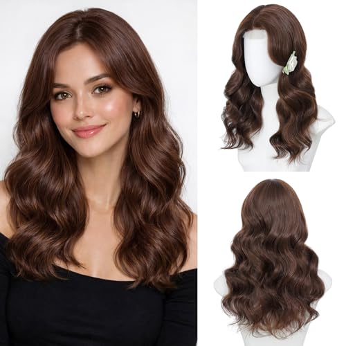 Niceone Hair 18 Inch Brown Wig for Women, Middle Part Medium Length Wavy Synthetic Hair Wig, Upgraded Strands Natural Hairline Design for Daily Party Halloween(Brown,18 Inch)
