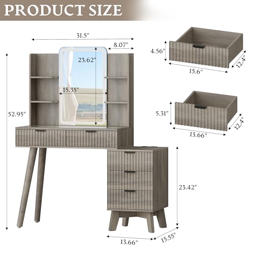 Image of Xixini Fluted Vanity Desk with LED Lights Mirror & Charging Station, Grey