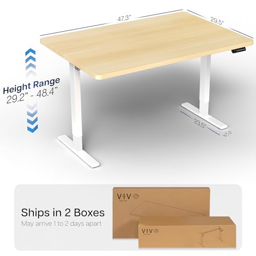 Image of VIVO Electric 48 x 30 in Standing Desk, Memory Height Adjustment, 1B Series, Holds 220 lbs, One-Piece Light Wood Top, White Frame, DESK-KIT-1W5C