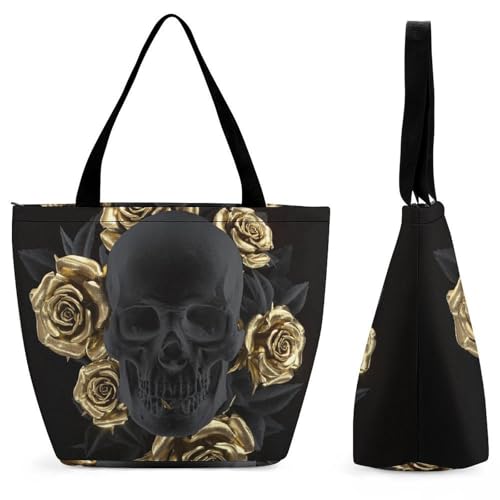 Sac à main crâne noir et doré avec rose sac à bandoulière femme voyage shopping