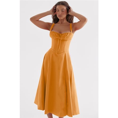 Image of Floral Corset Midi Dress Square Neck A Line Dress with Slit | Square neck floral midi dress with front tie bust wide straps A-line skirt side slit and lightweight fabric