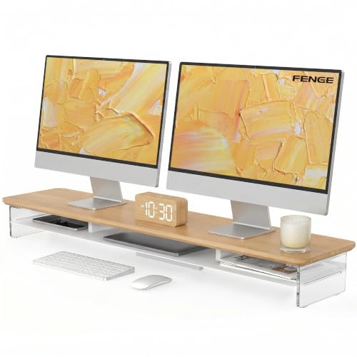 Image of Fenge 42.5 inch Dual Monitor Stand with Clear Acrylic Legs, Dark Oak | Clear Acrylic, Storage Compartment, 2-tier Home Office Monitor Riser, Wide Large Desktop Shelf Fit Monitor /Laptop /Printer