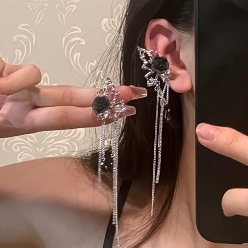 Gothic Rose Chain Tassel Dangling Ear Cuff Earrings for Women,Grunge Y2K Black Rose Zircon Long Drop Dangle Earrings,Dainty Party Bar Jewelry Gifts4