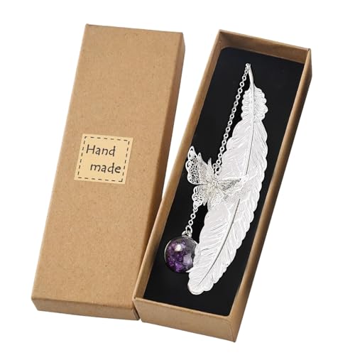MUNSKT Metall Feder Lesezeichen mit Schmetterling Kristall Anhänger Weihnachtsgeschenke für Frauen Mama Freundin Schwester Lesezeichen Lesen Zubehör Esoterik Nachhaltige lesezeichen (Silber)