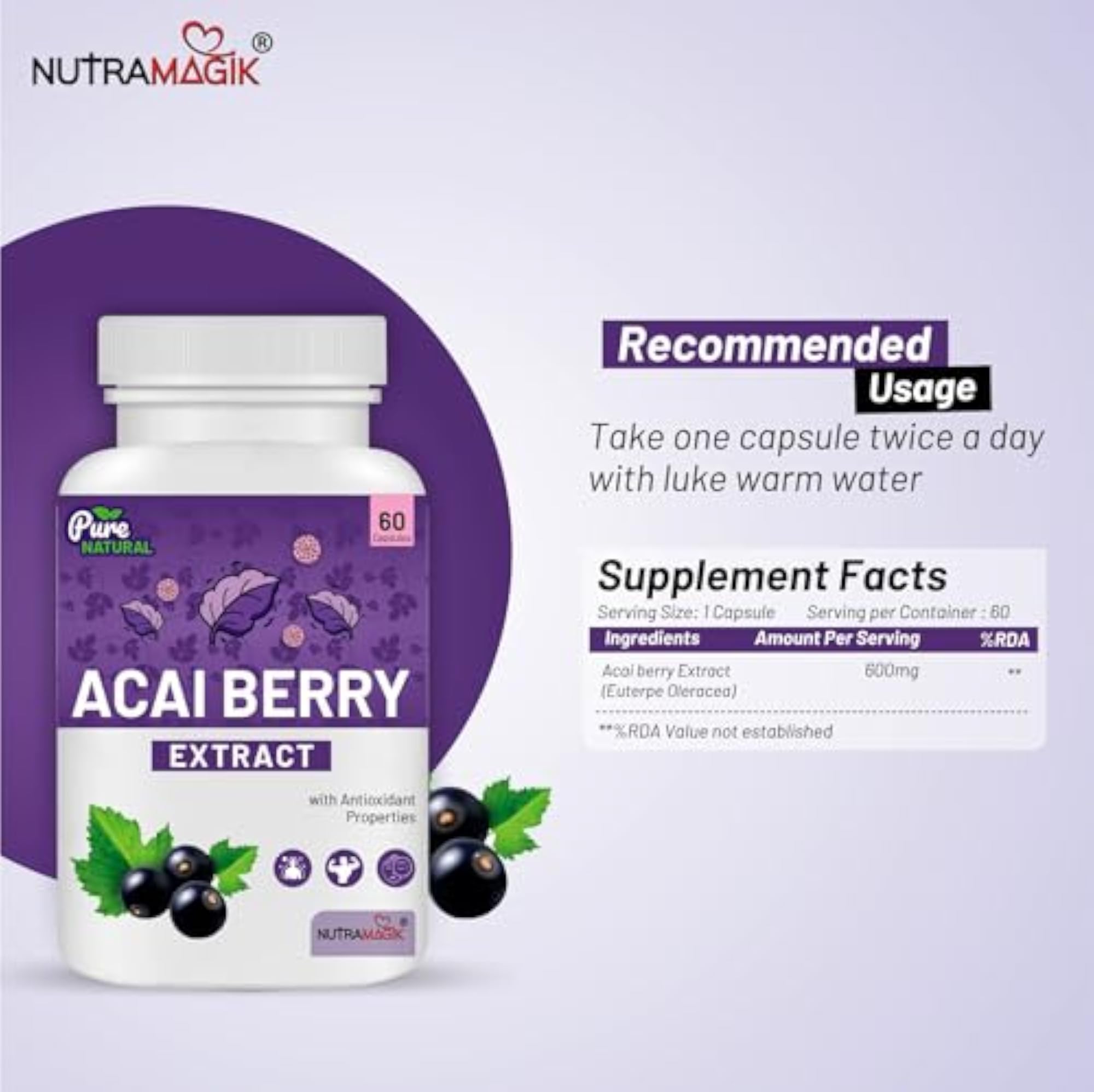 Acai Berry Extract, 60 Capsules Herbal Supplement