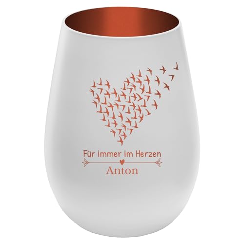 Trauerlicht Gedenklicht mit Gravur - Weiß/Kupfer - Windlicht personalisierbar mit Name - Höhe 12 cm - Glas Teelichthalter Mensch Haustier