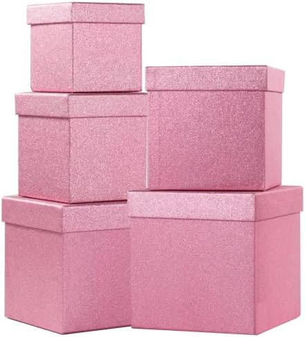 UNIQOOO 5Pcs Pink Glitter Christmas Gift Box Set with Lid, Assorted Size, Rose Gold Square Nested Wedding Keepsake Card Gift Box, Paper Box Tower Organizer For Party, Thanksgiving, Gift Wrap Packaging