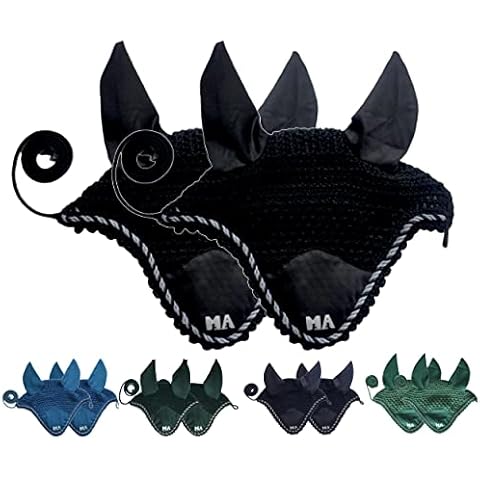 Majestic Ally 2 Pcs Handcrafted Crochet Fly Veil with Ear Net and Braided Rope for Horse (Black) Cover