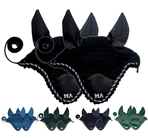 Majestic Ally Lot de 2 voiles en crochet faits à la main avec filet d'oreille et corde tressée pour cheval (noir) Cover
