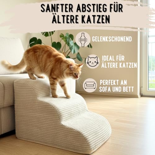 Hundetreppe Cord beige Hunderampe aus Schaumstoff - Katzentreppe - Tiertreppe - Haustiertreppe - Hundetreppe Bett - 3 Stufen Hunderampe