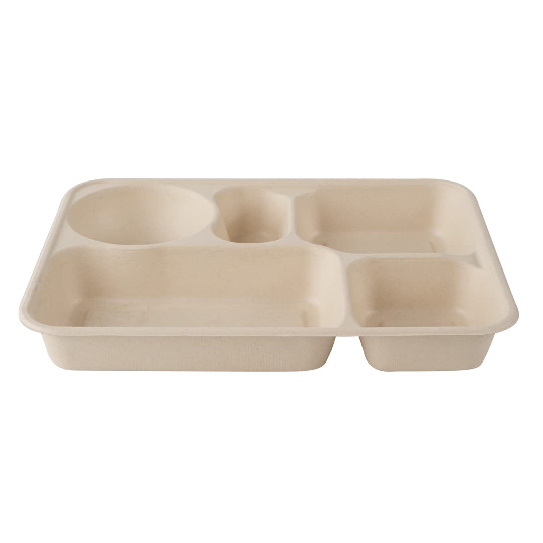 Restaurantware Pulp Tek - Recipientes de 1,219.0 g para llevar, 100 recipientes sostenibles, tapas se venden por separado, 5 compartimentos, platos de bagazo hechos de fibras de caña de azúcar, aptos