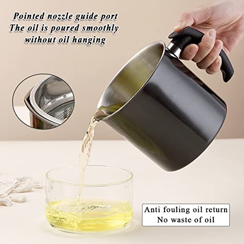 Image of Kyraton Black Bacon Grease Container With Strainer, 48 oz Black Coating Stainless Steel Oil Container, Pot Fat Storage With Lid, Easy Grip Handle, Cooking Grease, 14.5l x 14w x 16.5h centimeters